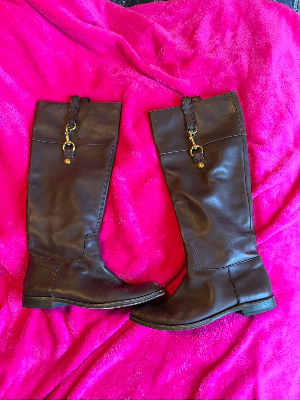 Coach Women's Dark Brown Leather Over-the-Knee Riding Boots with Gold Hardware